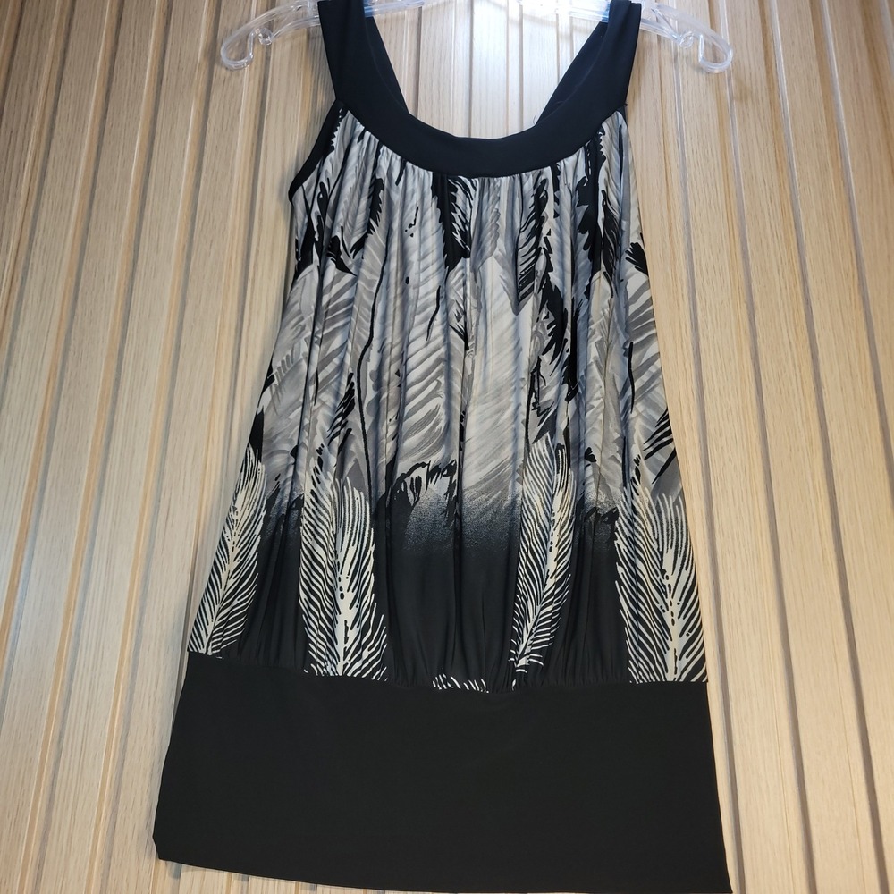 Kiwi Womens Black White Feather Print Bubble Hem Tunic Top Sleeveless 14123
